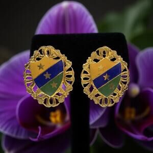 Vintage Heraldic Crest Enamel Shield Clip On Earrings Gold Tone
